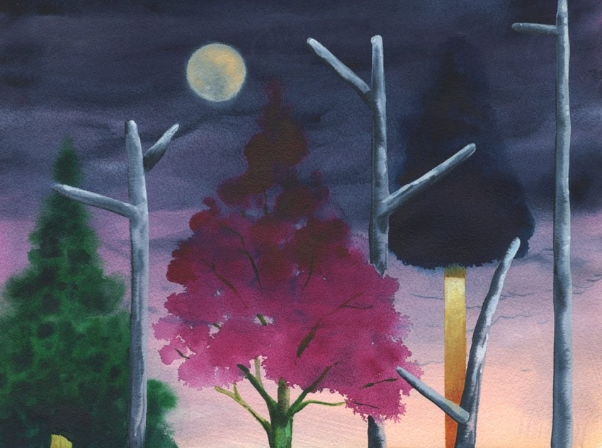 Colorful trees at twilight with a full moon in a dark, cloudy sky.