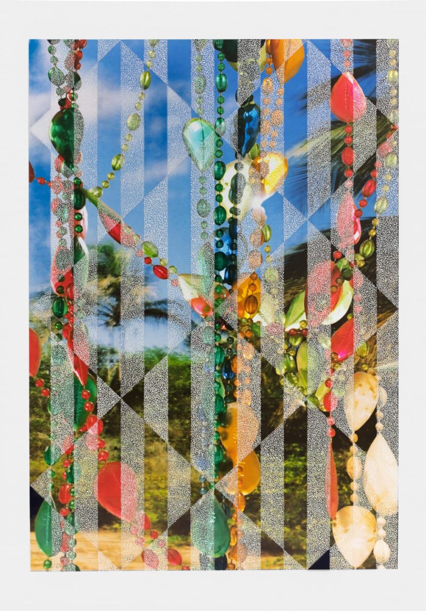 Colorful beads arranged in geometric patterns overlaying a nature background with trees and a blue sky.