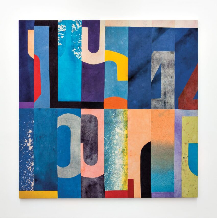 Colorful abstract painting with geometric shapes and varying shades of blue, orange, yellow, purple, and gray on a white background.