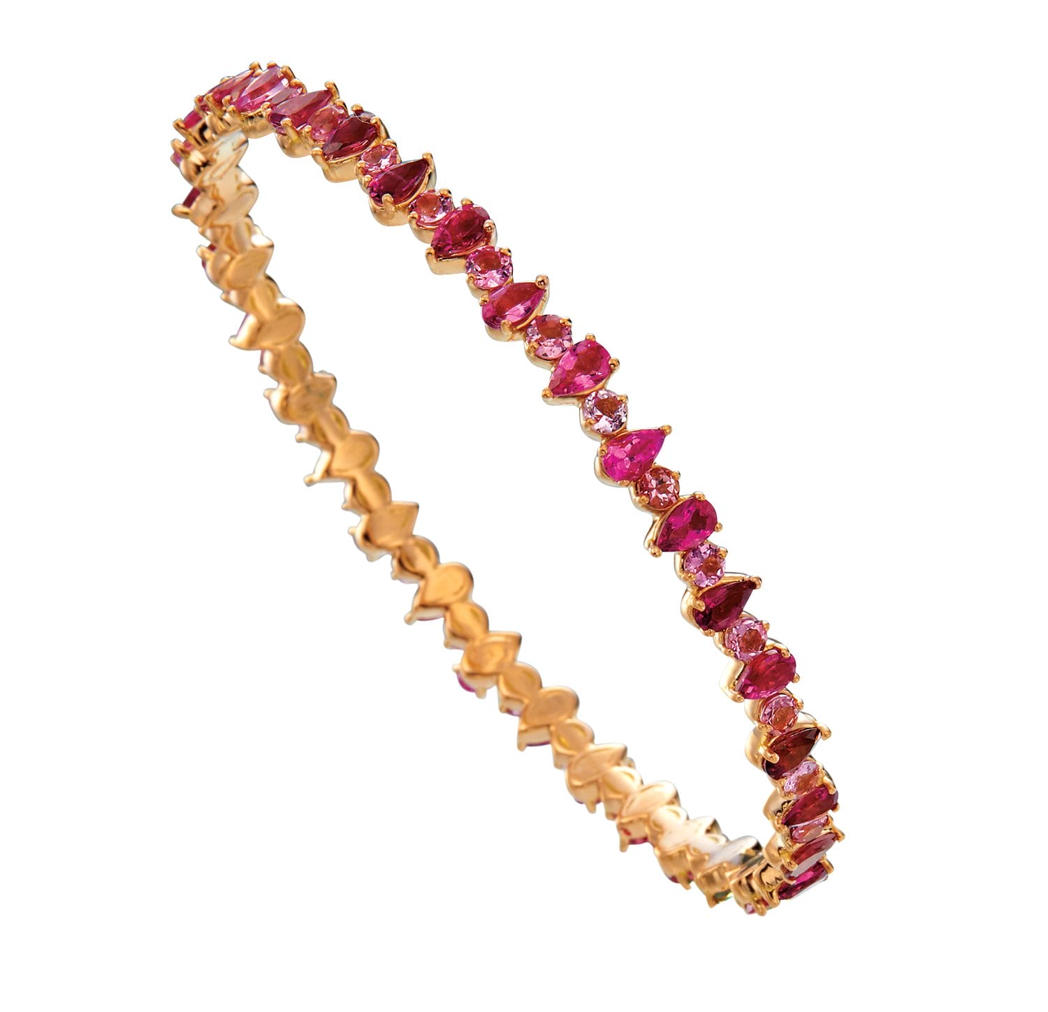 Gold bracelet with alternating round and marquise pink stones, showing intricate design and vibrant color.