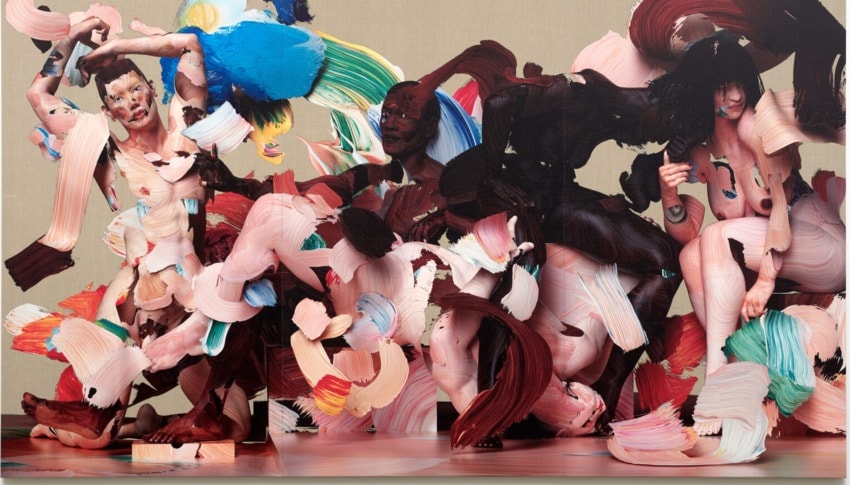 Abstract painting with vibrant, dynamic brushstrokes in various colors intertwining with partially visible human figures.