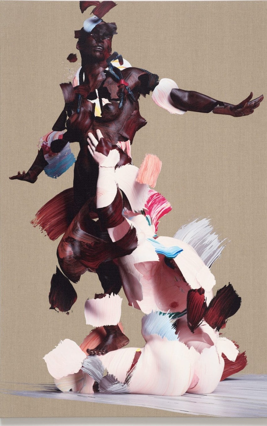 Abstract painting of two human figures in motion, featuring dynamic brushstrokes with dark and light contrasting colors.