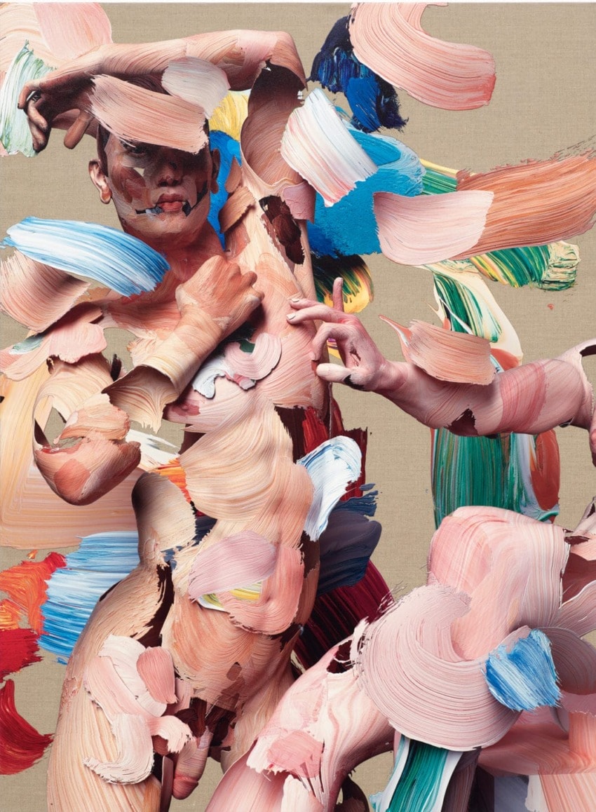 Abstract painting with dynamic, colorful brushstrokes concealing a human figure against a neutral background.