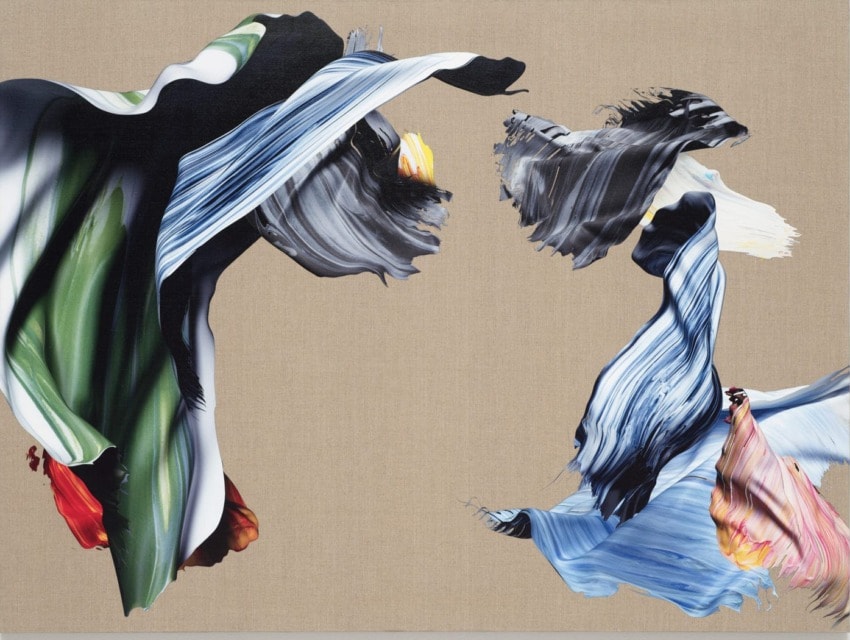 Abstract painting with dynamic brush strokes in various colors on a neutral canvas background.