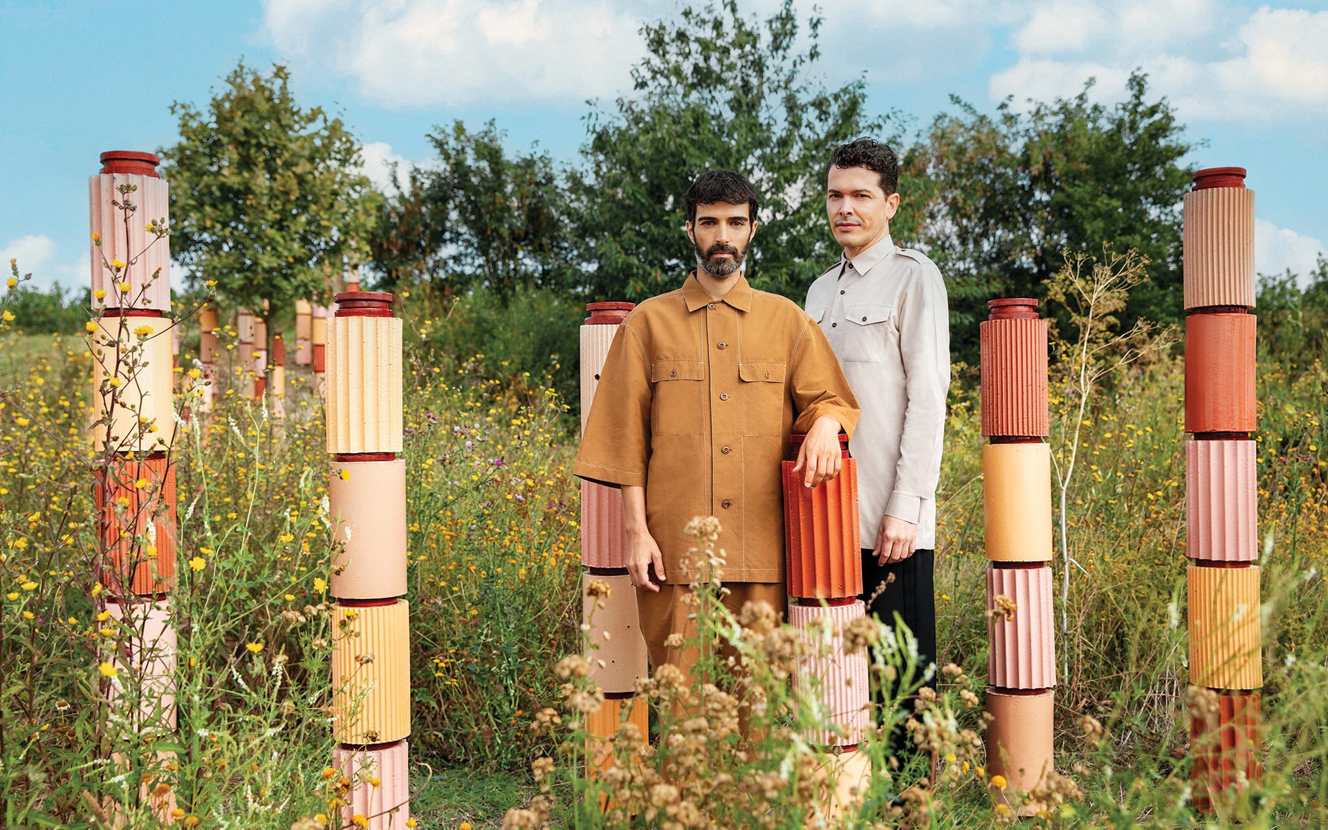 Andrea Trimarchi and Simone Farresin in Perrier-Jouët's Ambonnay vineyard with their biodiversity project.