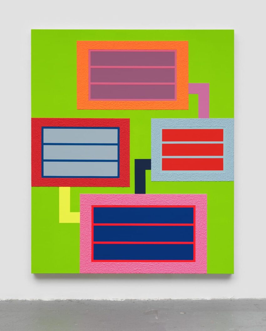 Abstract geometric painting with vibrant rectangles in green, pink, red, blue, and yellow, connected by colorful lines.