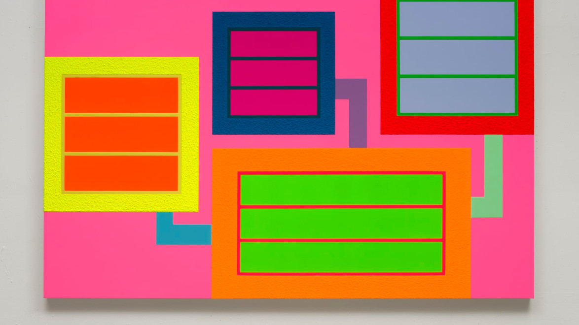 Colorful abstract art with interconnected rectangles in orange, blue, red, and green on a pink background.