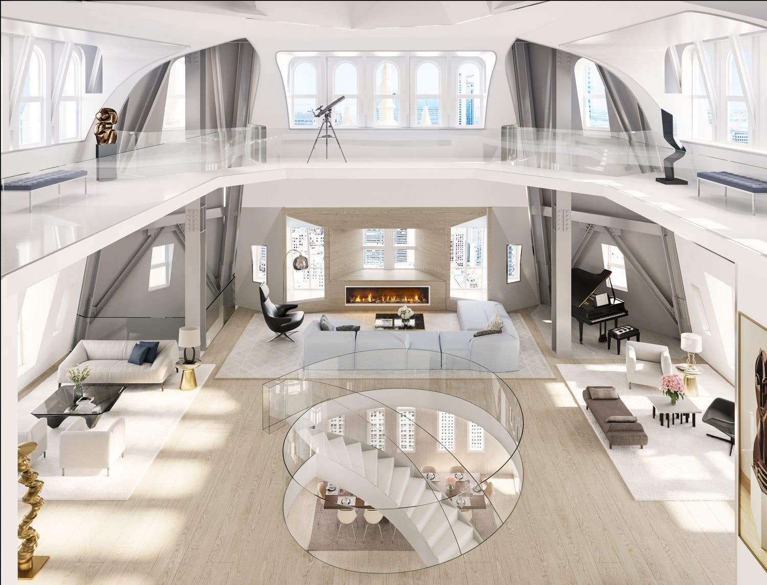 Spacious modern loft with large windows, elegant furniture, spiral staircase, and a grand piano.