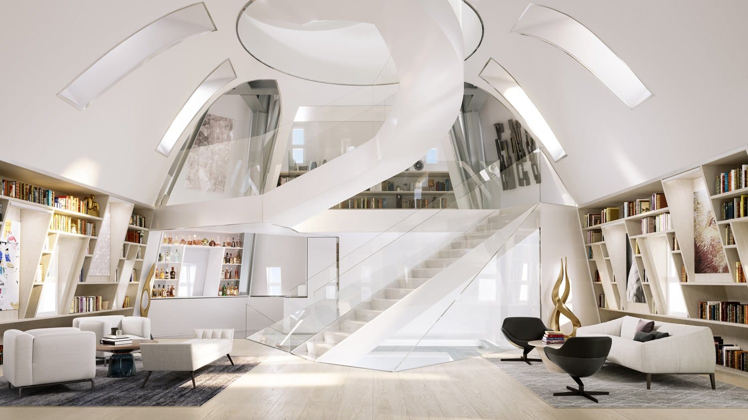 Modern, spacious living area with a sleek spiral staircase, bookshelves, and contemporary furniture in bright, natural light.