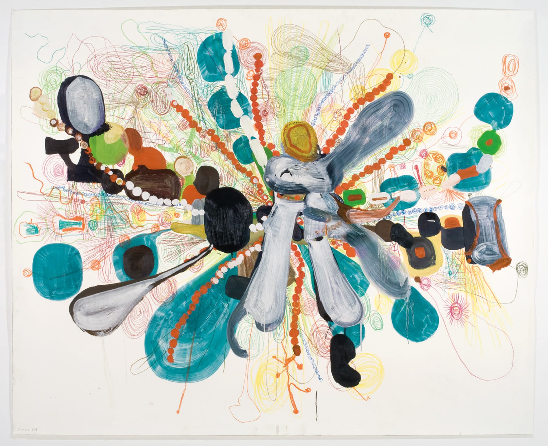 Abstract artwork with vibrant colors and dynamic shapes radiating from the center, including circles, lines, and scribbles.