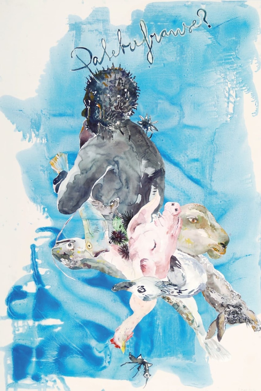 Abstract painting of a person with various animals against a blue background, featuring text at the top.