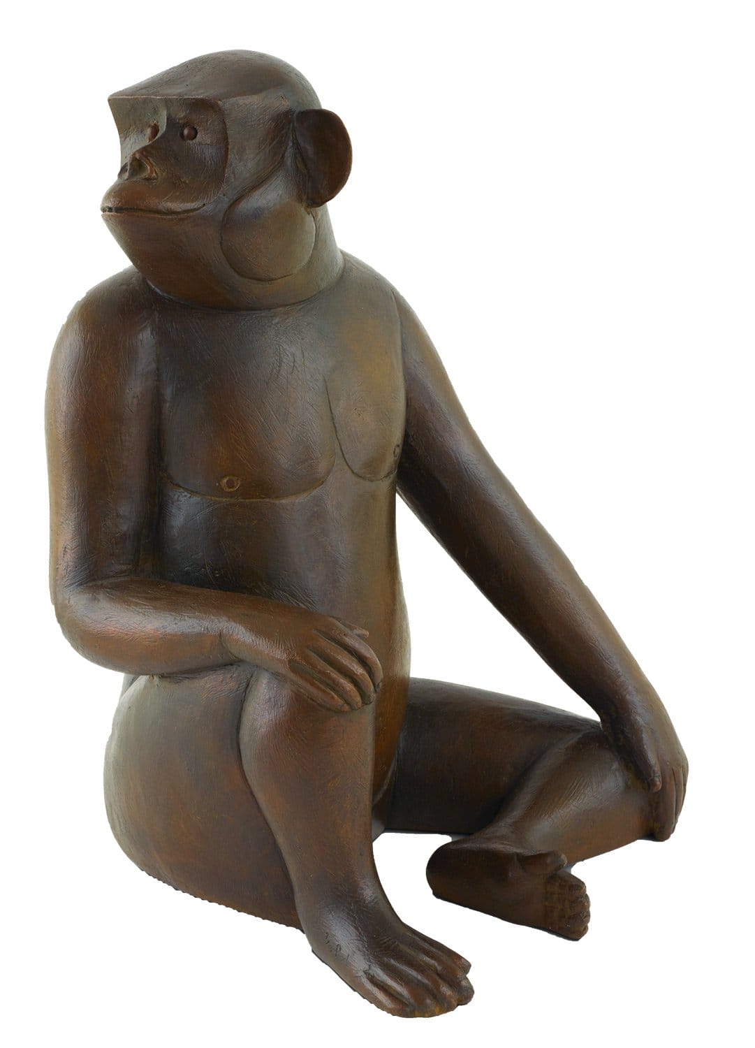 Sculpture of a seated ape with a humanoid form, detailed texture, and contemplative expression on a plain background.