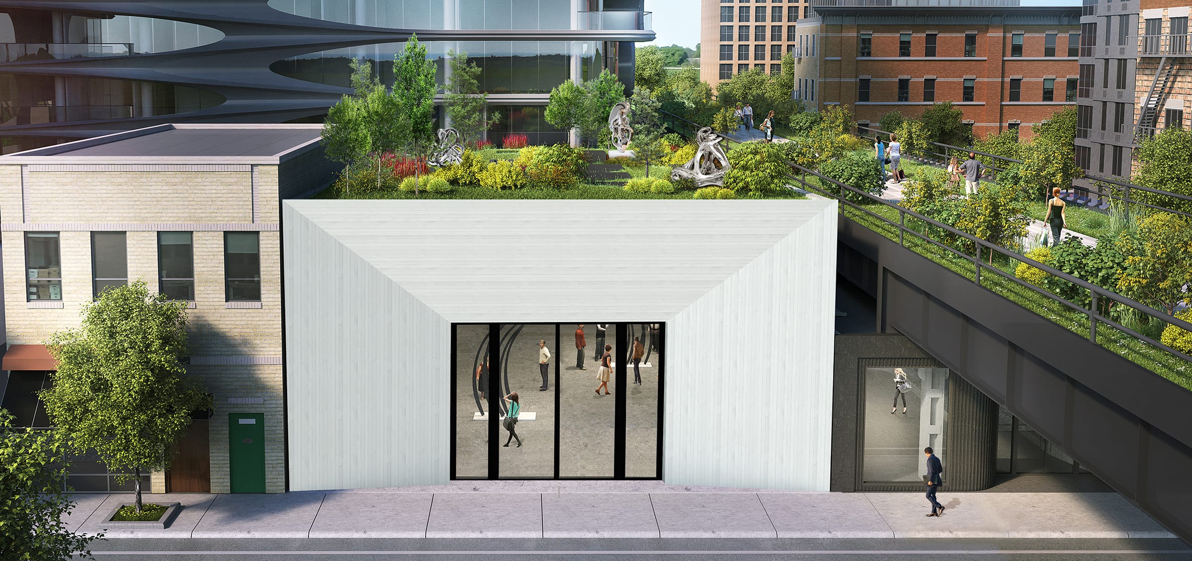 Modern building with rooftop garden and sculptures, featuring pedestrians on an elevated walkway in an urban setting.
