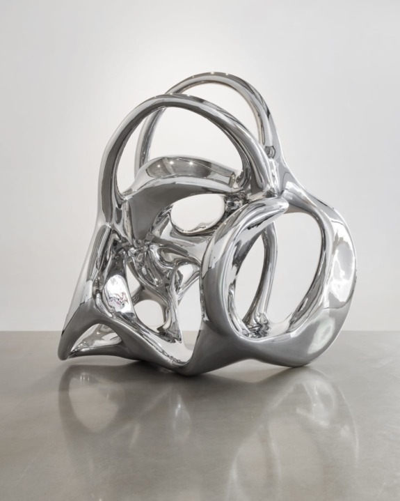 Abstract metallic sculpture with smooth curves and openings, reflecting light on a polished surface.