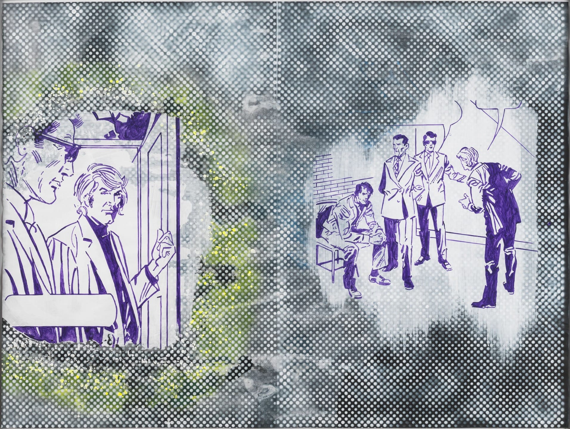 Comic-style illustration depicting groups of people in discussion, with a dot pattern background.