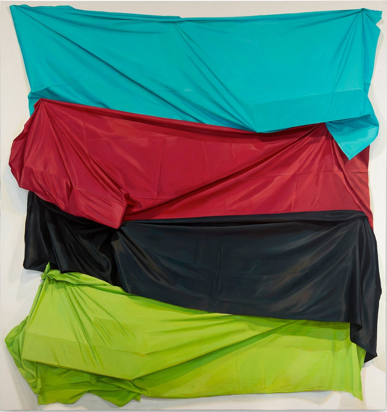 Abstract artwork featuring layered draped fabrics in teal, red, black, and lime green, creating a vibrant, textured composition.