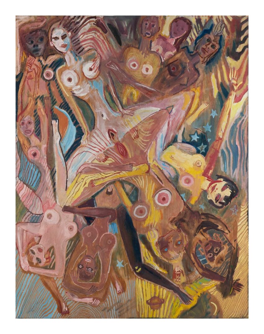 Abstract painting of intertwined human figures in vivid colors with dynamic lines and patterns in various directions.