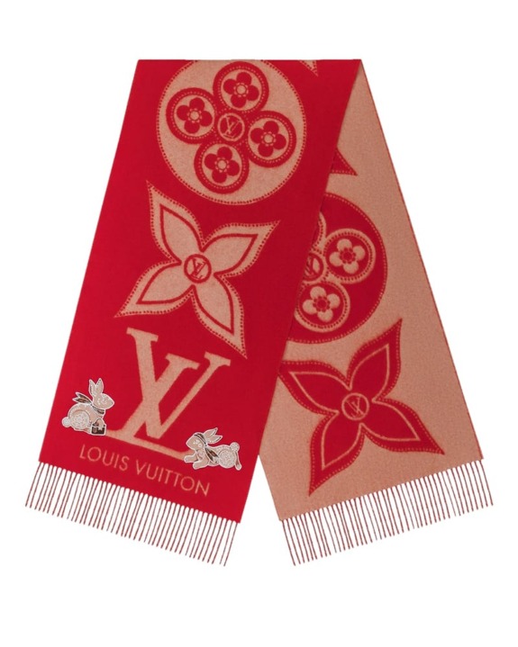 Red and beige Louis Vuitton scarf with floral patterns and small bunny illustrations.