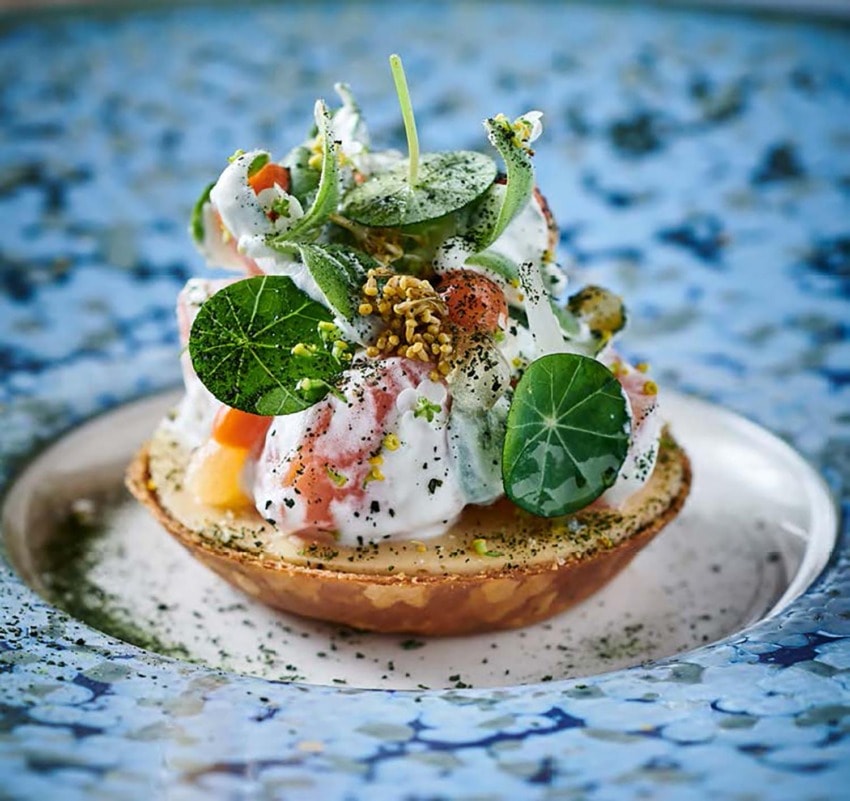 Gourmet dish featuring a creatively plated tart topped with fresh greens and elegantly arranged ingredients on a blue-patterned plate.