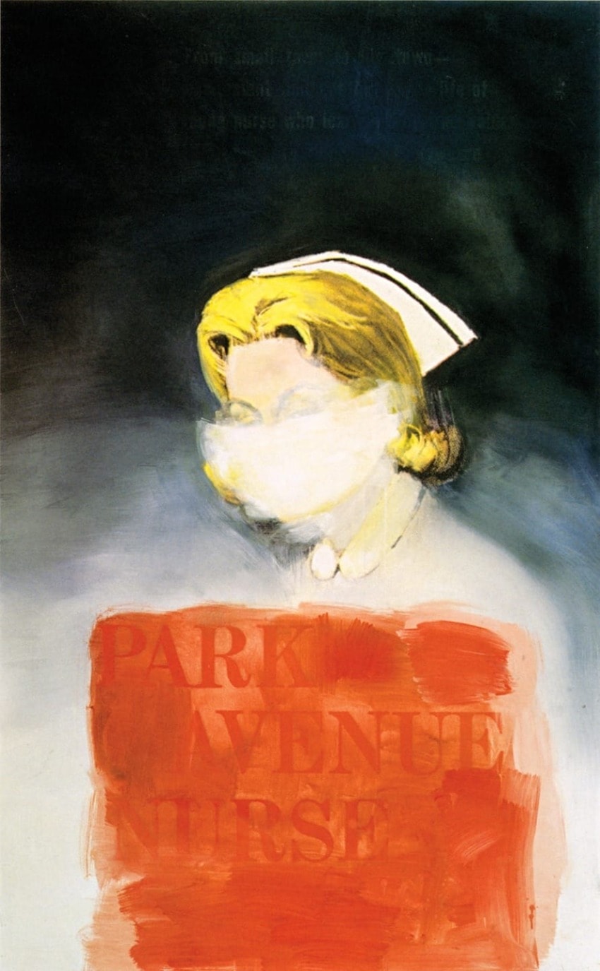 Abstract painting of a nurse with blurred features, wearing a white cap, and "Park Avenue Nurse" written in red across the canvas.
