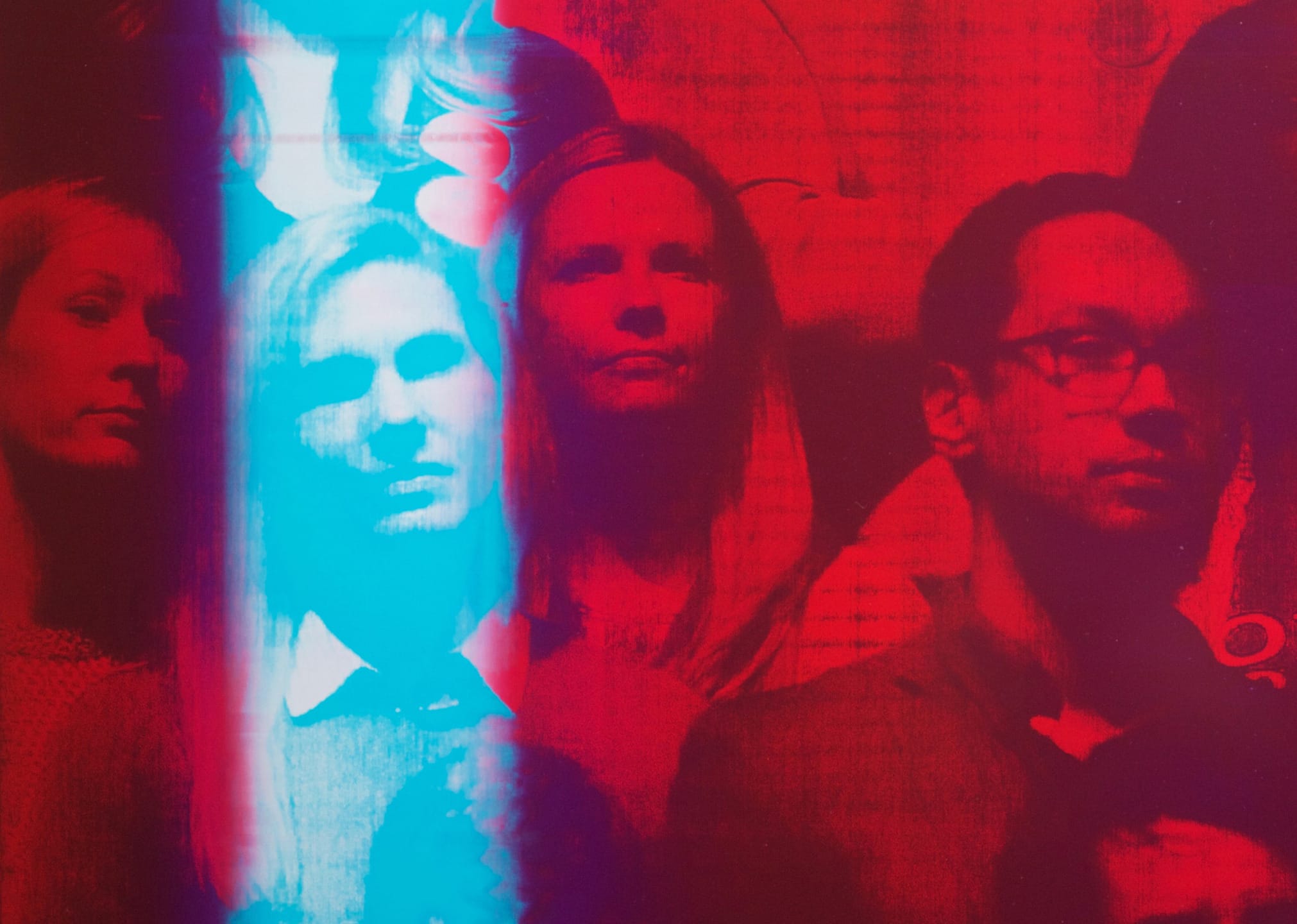 Abstract red and blue image with silhouettes of people, creating a striking contrast and mysterious atmosphere.