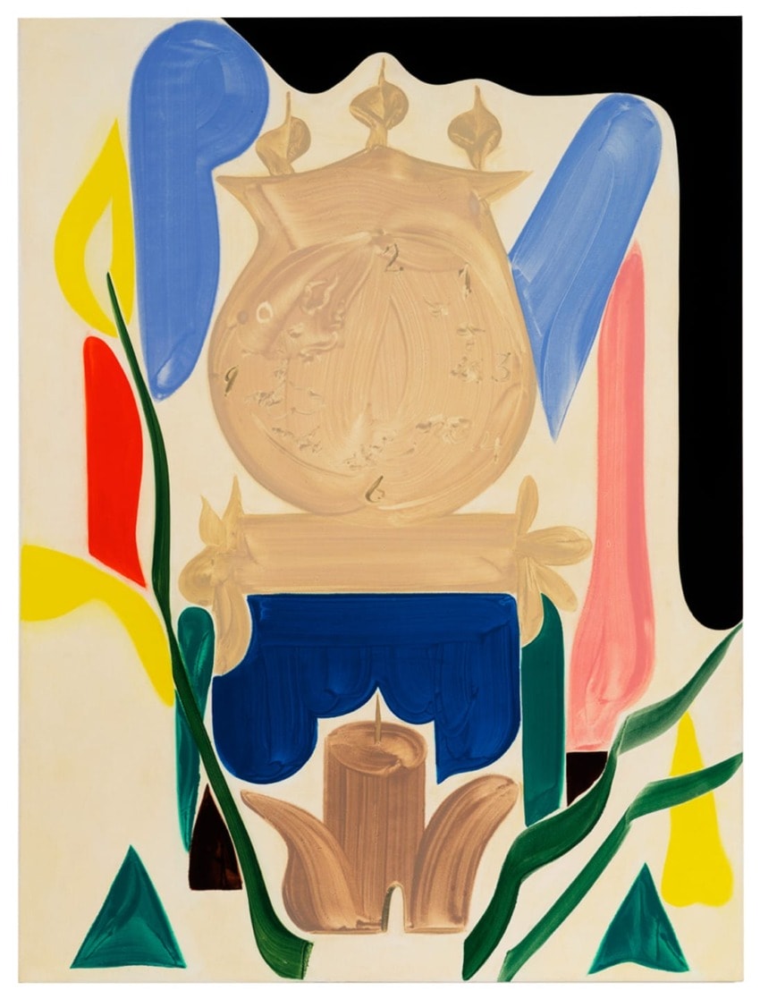 Abstract painting with colorful shapes, including blue, red, yellow, and green forms surrounding a central brown motif.