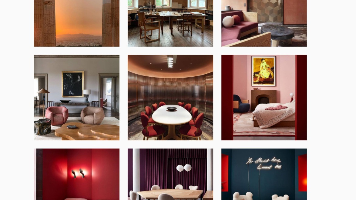 Collage of interior design photos featuring modern furniture, warm tones, and diverse styles in various rooms.