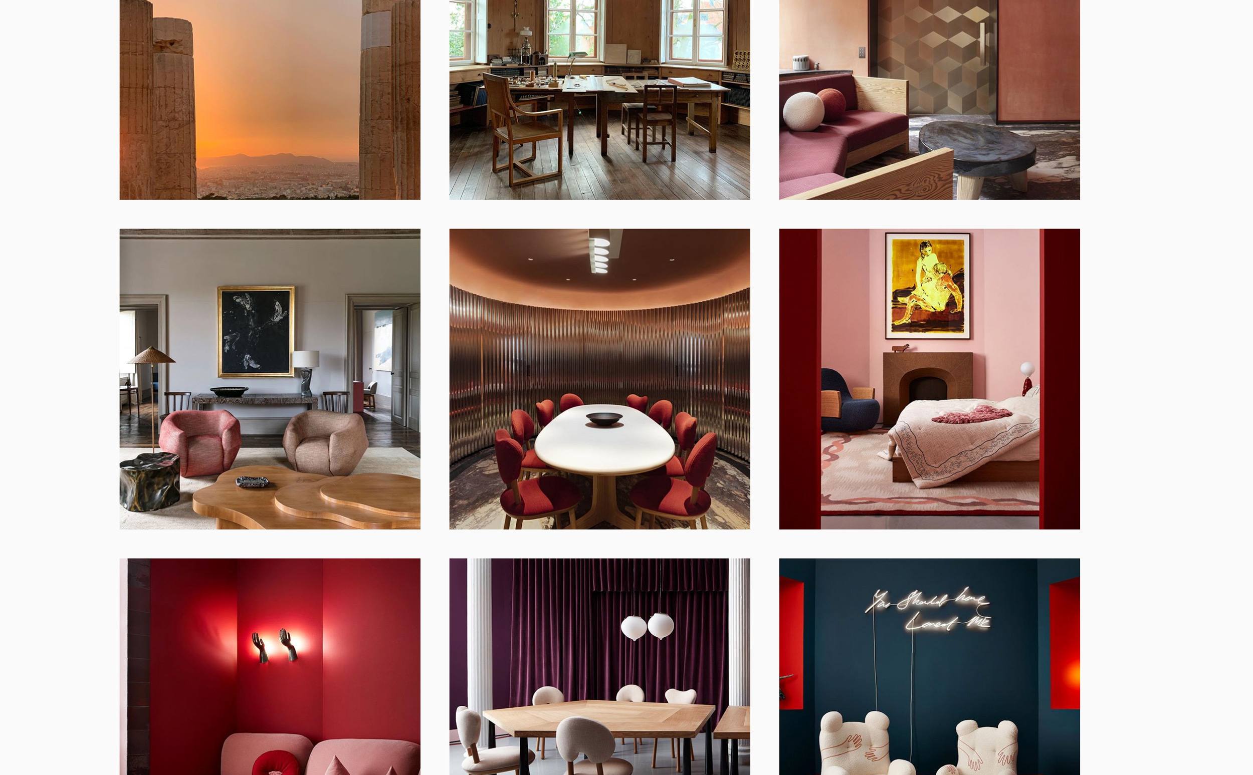 Collage of interior design photos featuring modern furniture, warm tones, and diverse styles in various rooms.