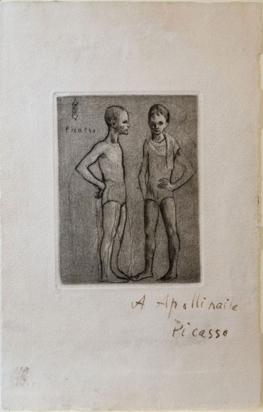 Sketch of two men standing, one in profile with hands on hips, the other smiling, by Pablo Picasso with a handwritten inscription.