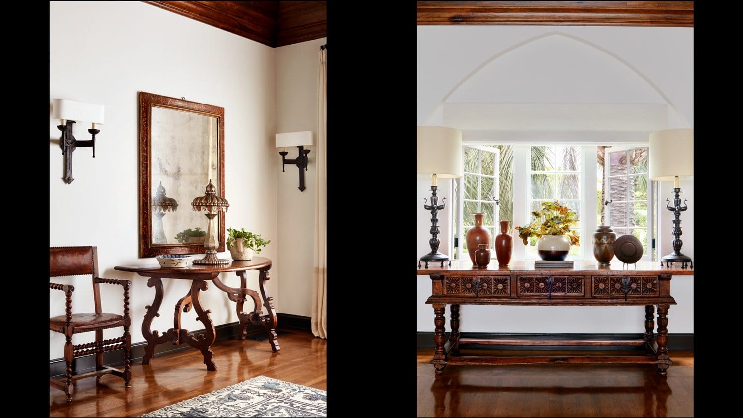Rustic wooden tables with decorative items, framed mirror and sculptures, set in an elegant, well-lit interior space.