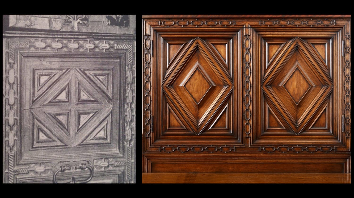 Comparison of black and white versus color wooden geometric panel designs.