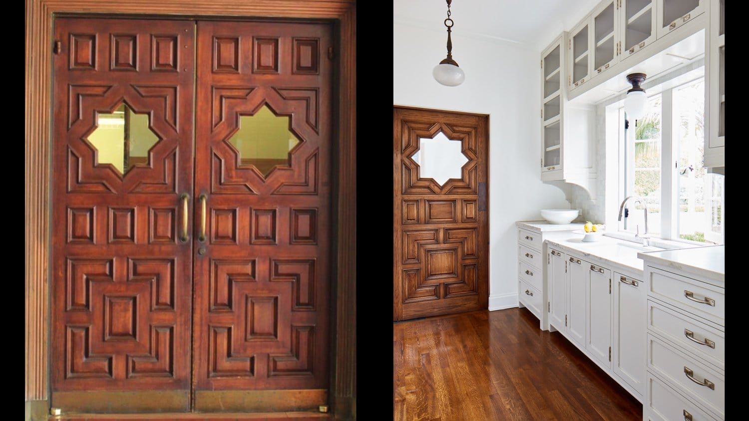 Wooden door with geometric patterns on the left and a similar door in a white kitchen interior on the right.