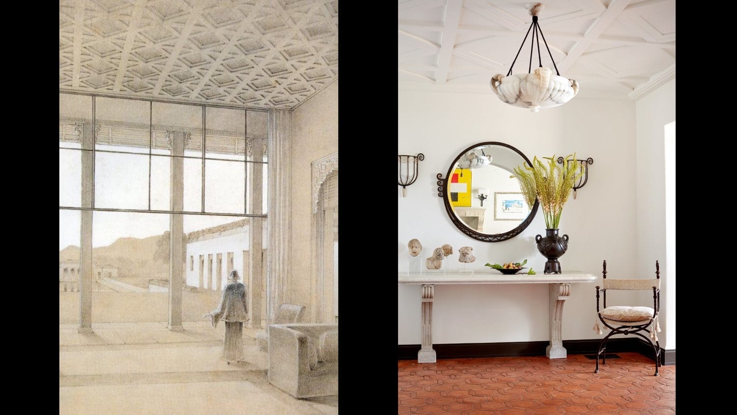 Interior with modern and classic decor elements, featuring a large window, geometric ceiling, and various artworks.