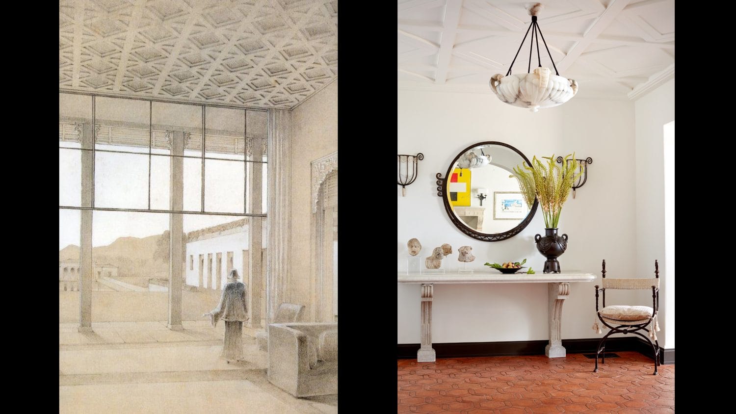 Interior with modern and classic decor elements, featuring a large window, geometric ceiling, and various artworks.