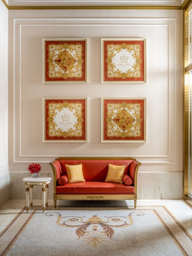 Luxurious red sofa with decorative cushions, ornate framed artwork on wall, elegant marble flooring and side table with flowers.