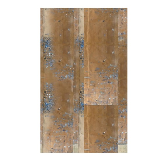 Abstract wall art with overlapping rectangles in earthy tones and blue accents, featuring a textured, paint-like surface.