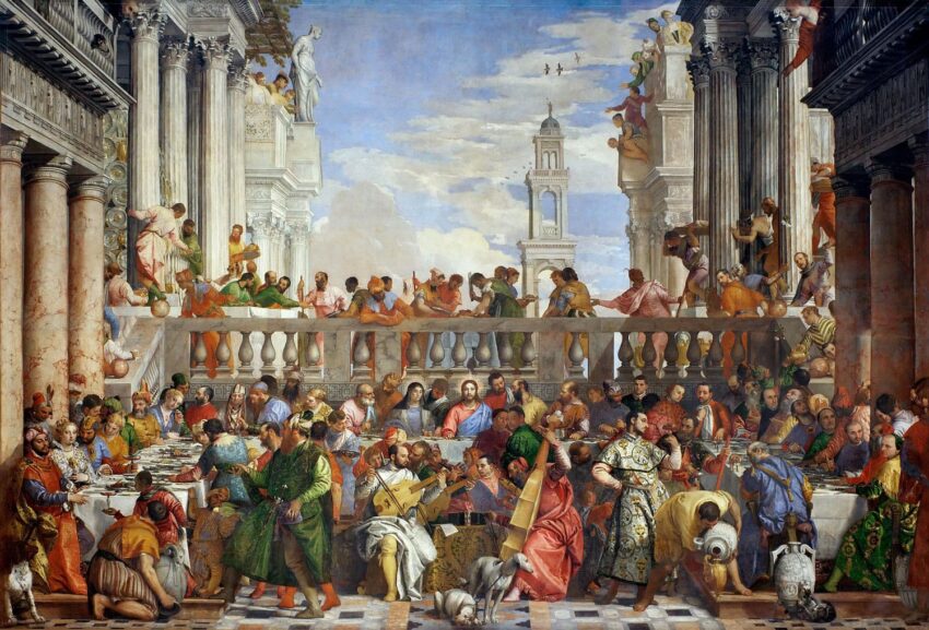 Renaissance painting depicting a large, lively wedding feast with figures in colorful attire gathered around tables.