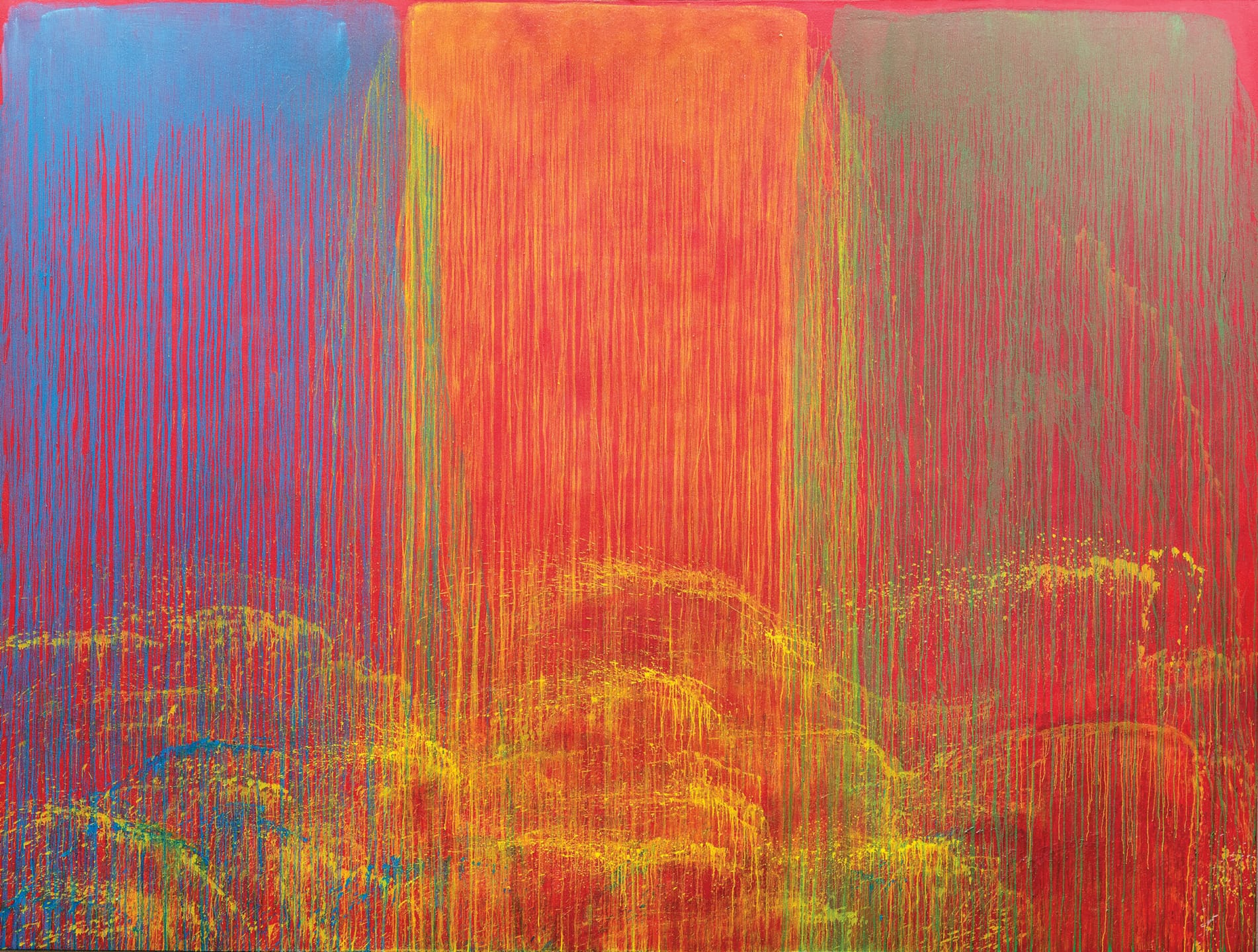Abstract painting with vibrant vertical streaks of blue, orange, red, and yellow colors blending into each other.