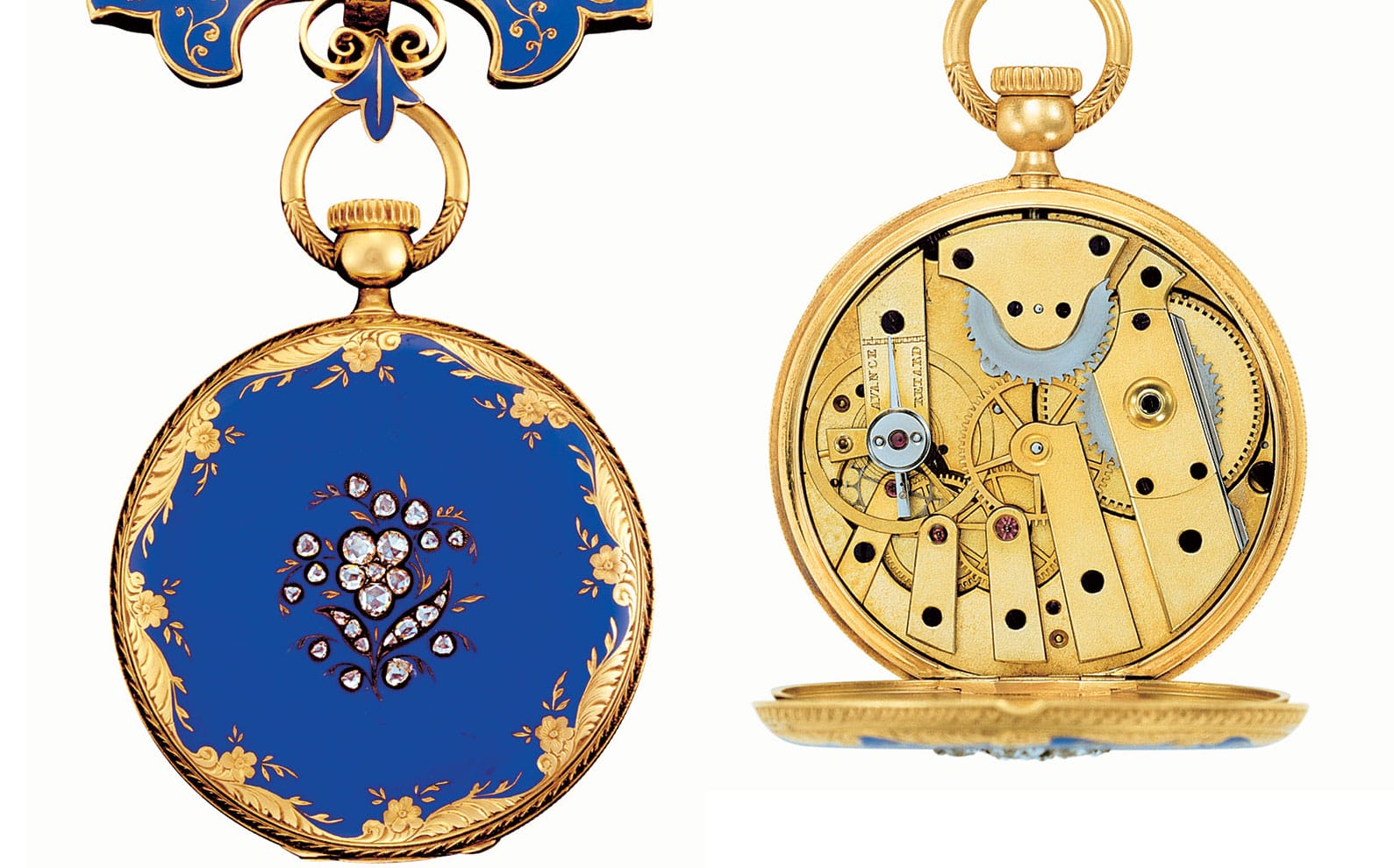 Gold pocket watch with blue enamel and floral diamond design, open to show intricate internal clockwork mechanism.