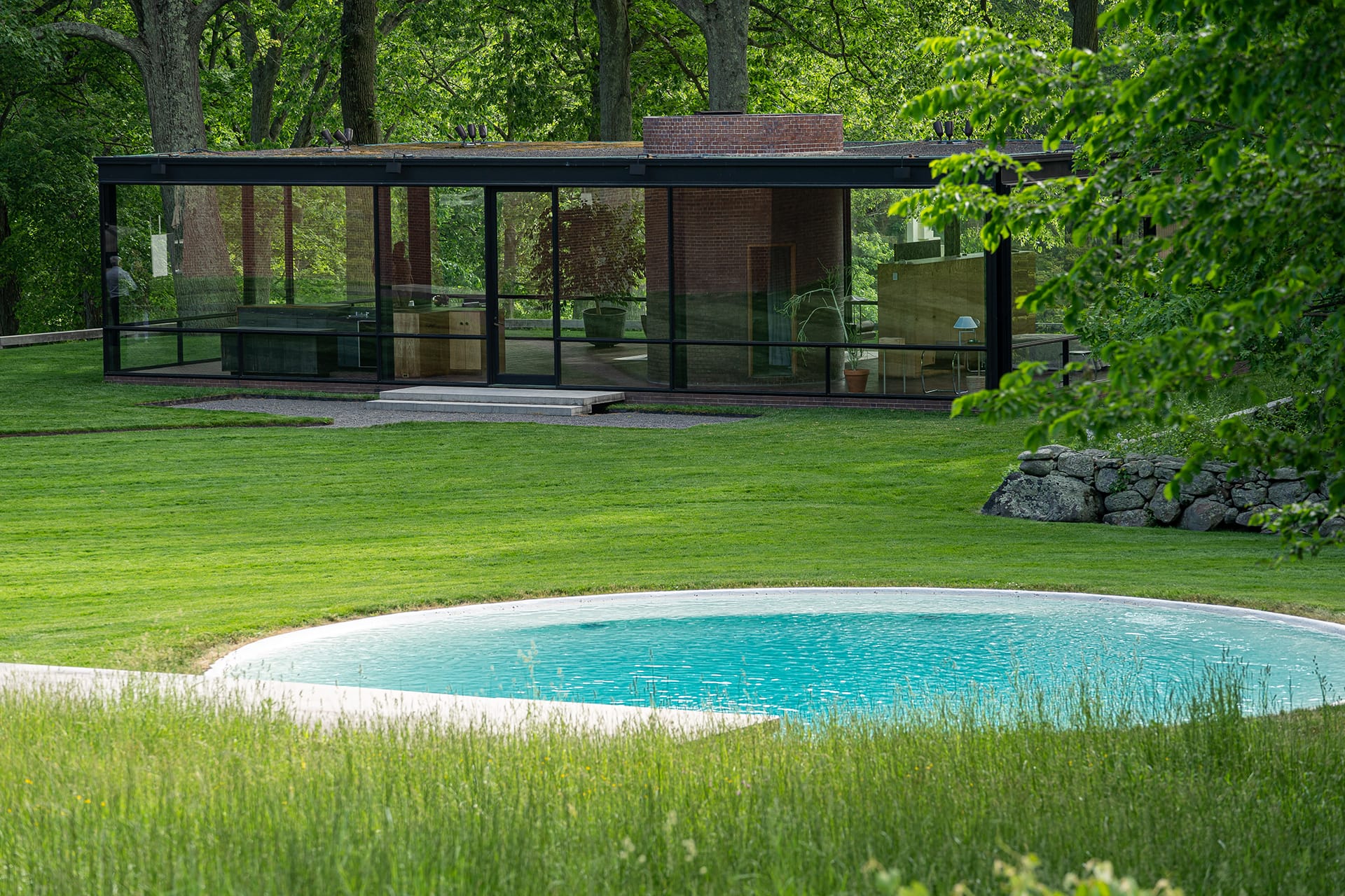 Modern glass house surrounded by lush greenery with a small, circular pool in the foreground
