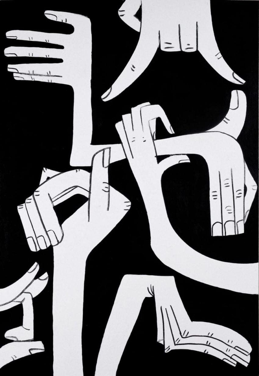 Illustration of multiple white hands in various gestures against a black background, creating an abstract visual pattern.
