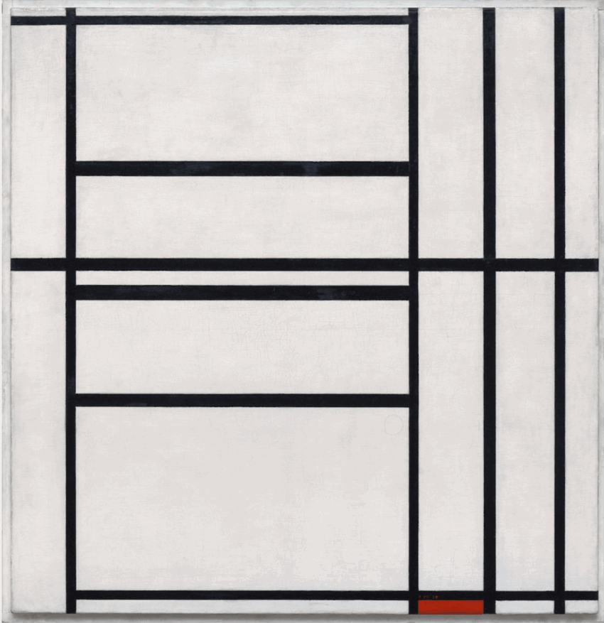 Abstract painting with black vertical and horizontal lines on white, featuring a small red rectangle in the bottom right corner.