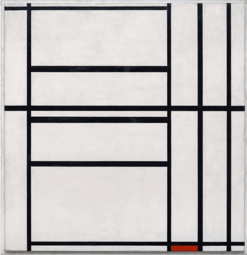 Abstract painting with black vertical and horizontal lines on white, featuring a small red rectangle in the bottom right corner.