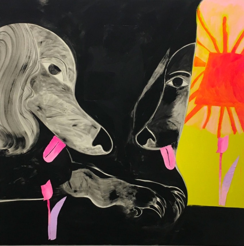 Abstract painting of two dogs with pink tongues on a dark background, alongside bright yellow and pink shapes.