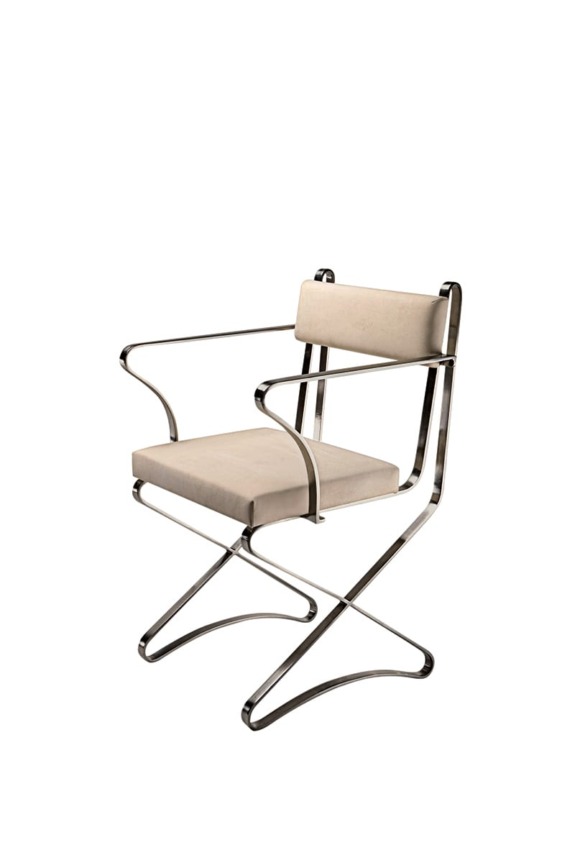 Modern metal and beige upholstered chair with armrests and minimalist design.