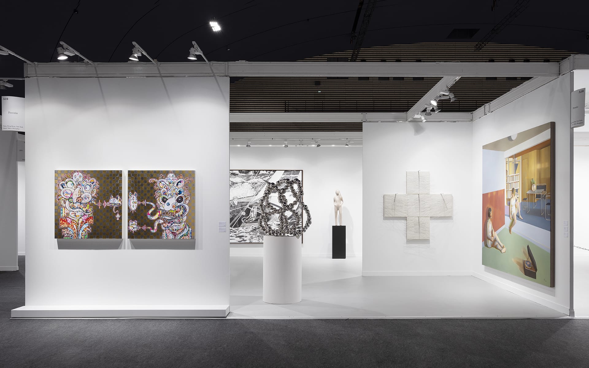 Art gallery exhibition with colorful abstract paintings, a central sculpture, and a minimalist, open layout.