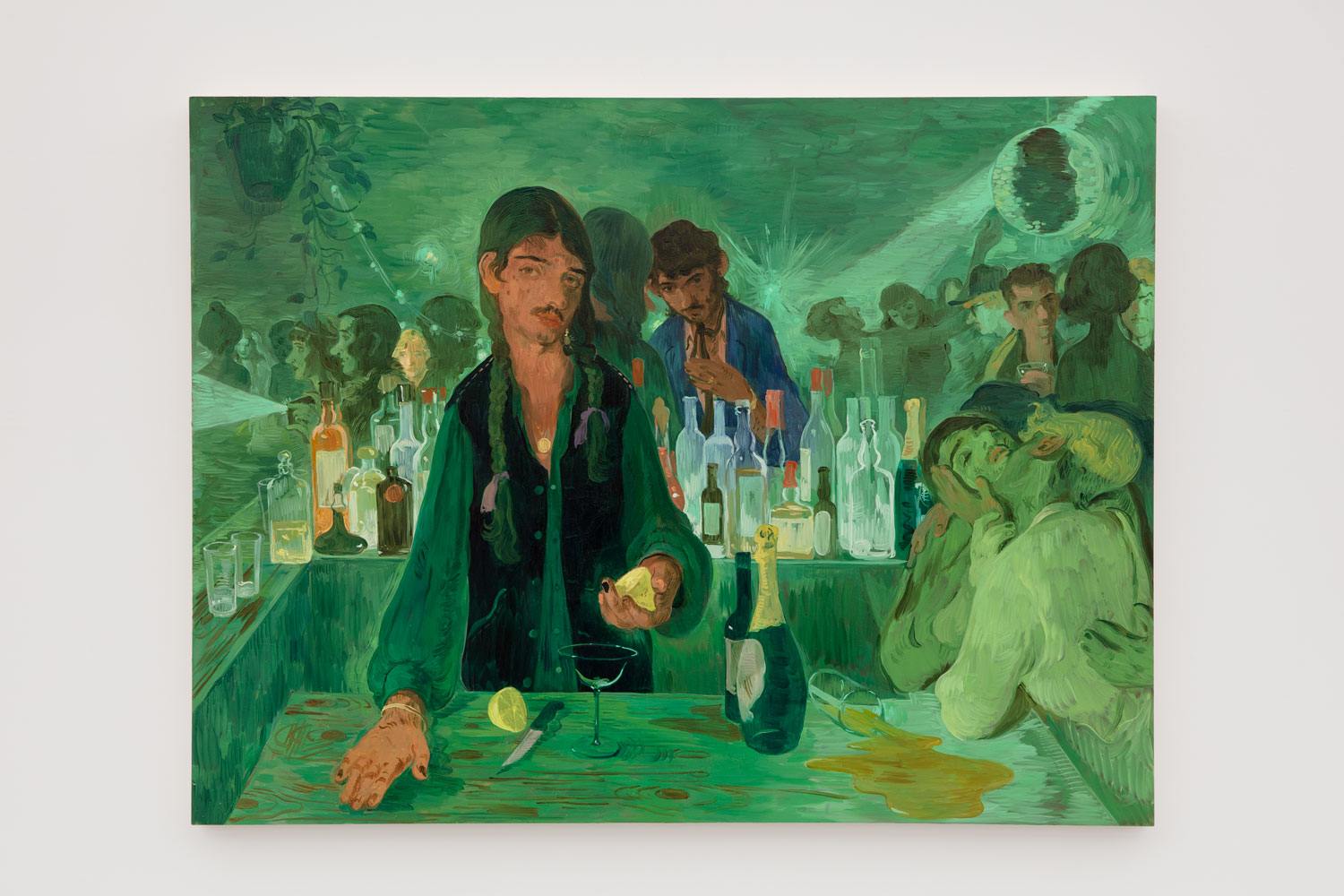 Painting of a bartender in a green-lit bar preparing a drink, with bottles in the background and customers seated around.