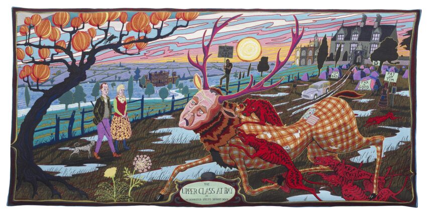 Colorful tapestry depicting an autumn landscape with a fantastical deer, a couple strolling, and a large mansion in the background.