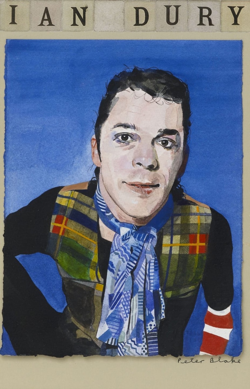 Illustrated portrait of a person with a blue background, wearing a patterned scarf and checkered vest, signed by Peter Blake.
