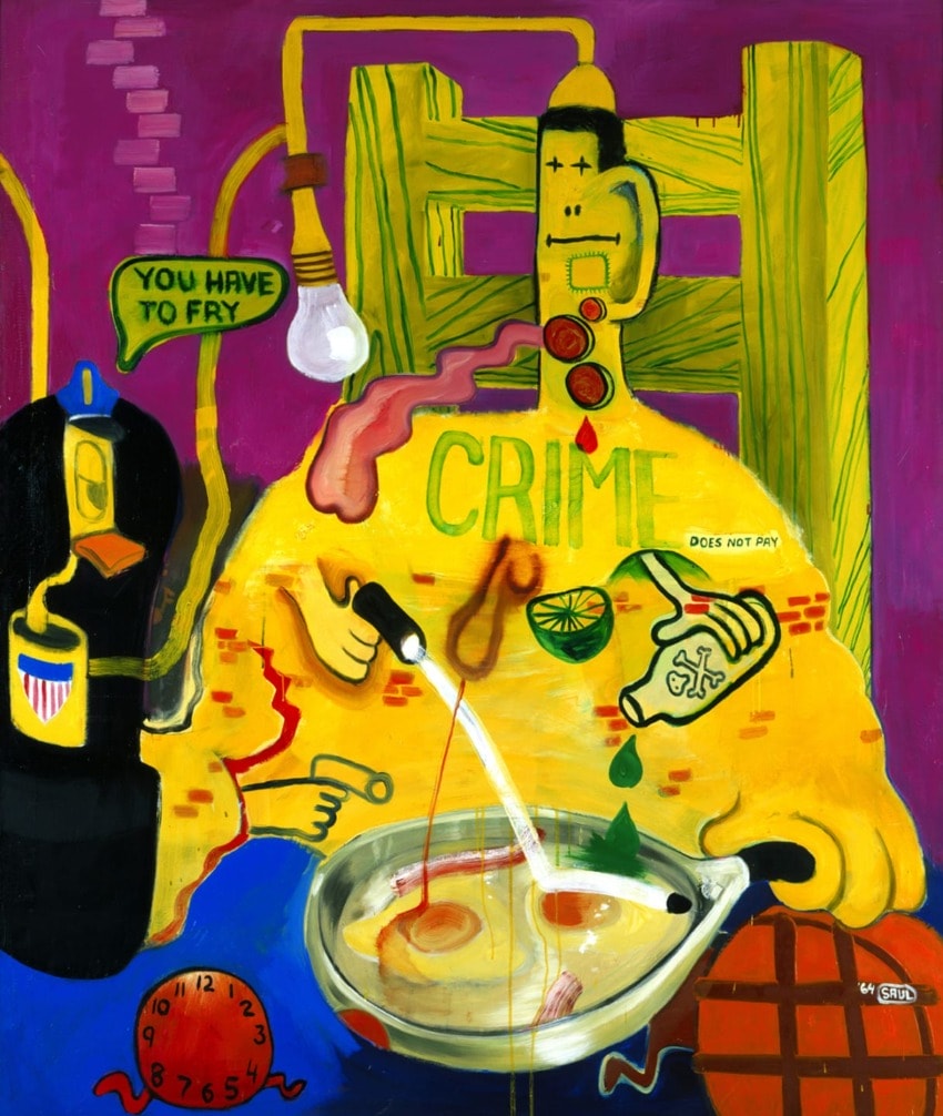 Colorful abstract painting with a surreal figure, symbols like a bulb, eggs, and text elements such as "CRIME" and "YOU HAVE TO FRY."